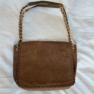 Tory Burch Brown Suede Shoulder Bag with Gold Chain